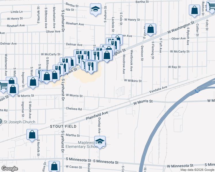 map of restaurants, bars, coffee shops, grocery stores, and more near 1003 South Auburn Street in Indianapolis