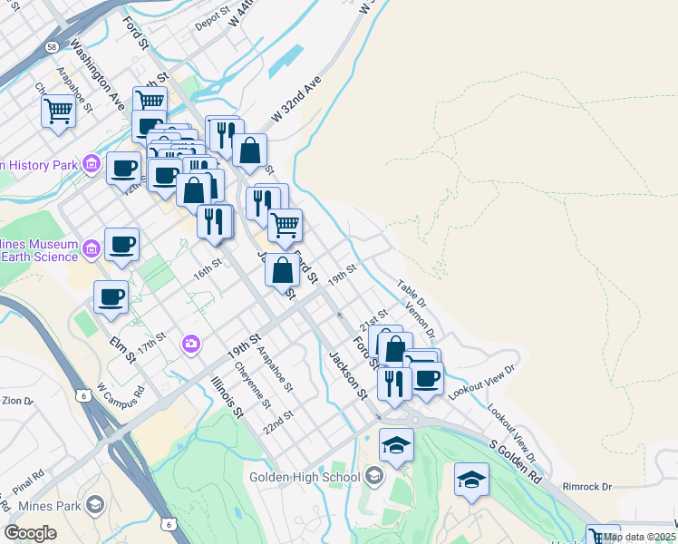 map of restaurants, bars, coffee shops, grocery stores, and more near 500 19th Street in Golden