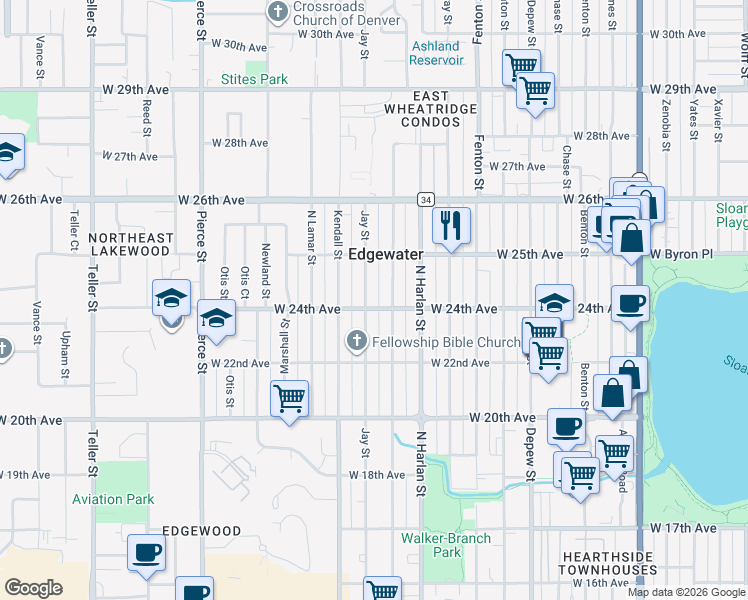 map of restaurants, bars, coffee shops, grocery stores, and more near 2412 Jay Street in Edgewater