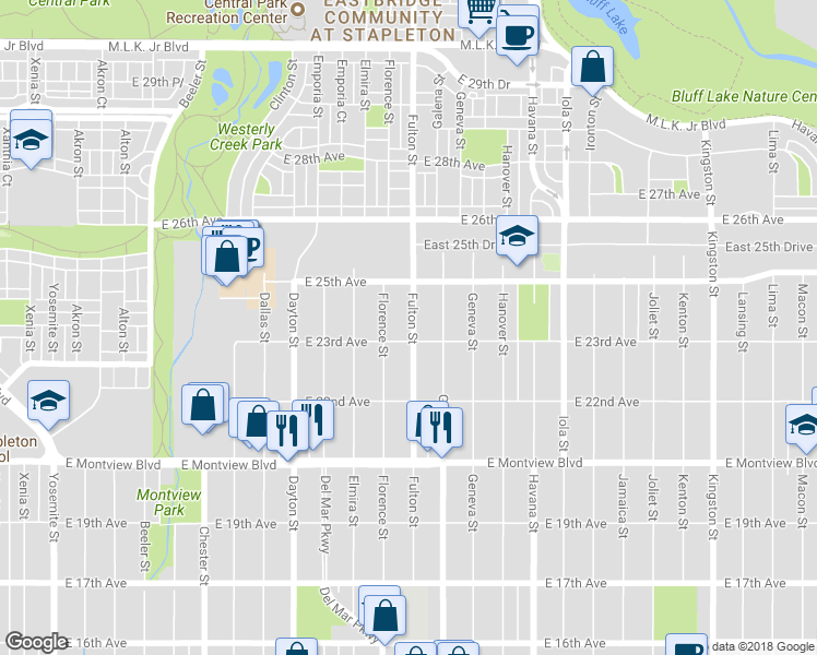 map of restaurants, bars, coffee shops, grocery stores, and more near 2323 Fulton Street in Aurora