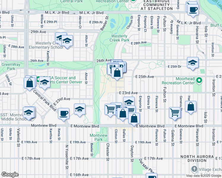 map of restaurants, bars, coffee shops, grocery stores, and more near 9301-9599 E 23rd Ave in Aurora