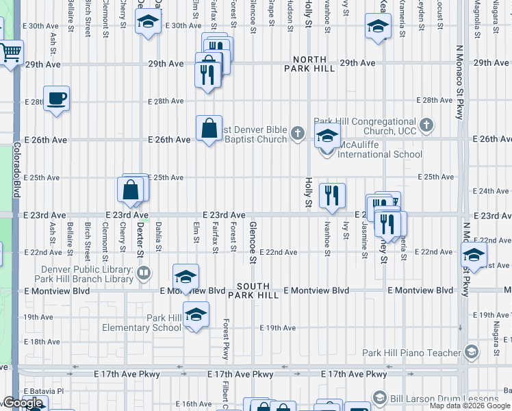 map of restaurants, bars, coffee shops, grocery stores, and more near 2309 Grape Street in Denver