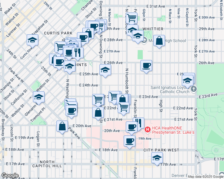 map of restaurants, bars, coffee shops, grocery stores, and more near 2333 Lafayette Street in Denver