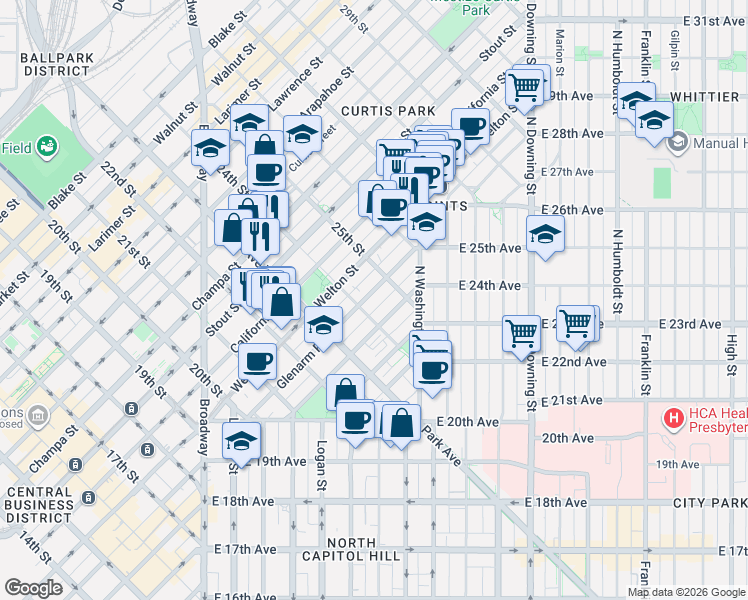 map of restaurants, bars, coffee shops, grocery stores, and more near 471 24th Street in Denver