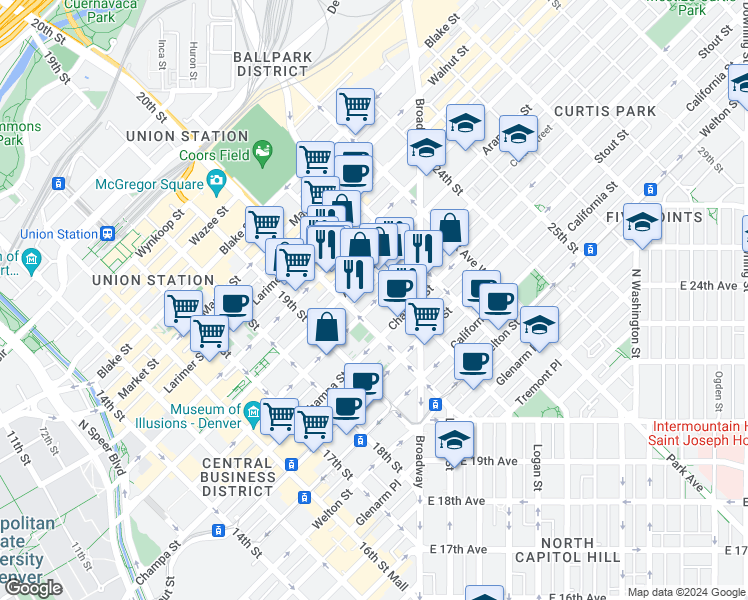 map of restaurants, bars, coffee shops, grocery stores, and more near 2031 Curtis Street in Denver