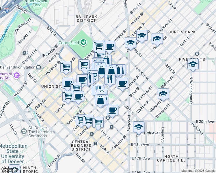 map of restaurants, bars, coffee shops, grocery stores, and more near 1955 Arapahoe Street in Denver