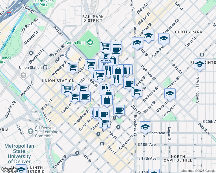 map of restaurants, bars, coffee shops, grocery stores, and more near 1955 Arapahoe Street in Denver