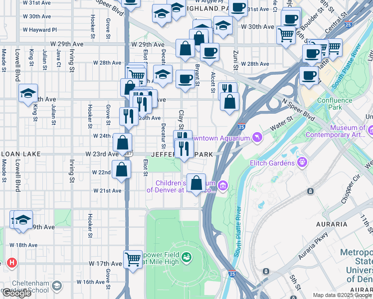 map of restaurants, bars, coffee shops, grocery stores, and more near 2607 West 23rd Avenue in Denver