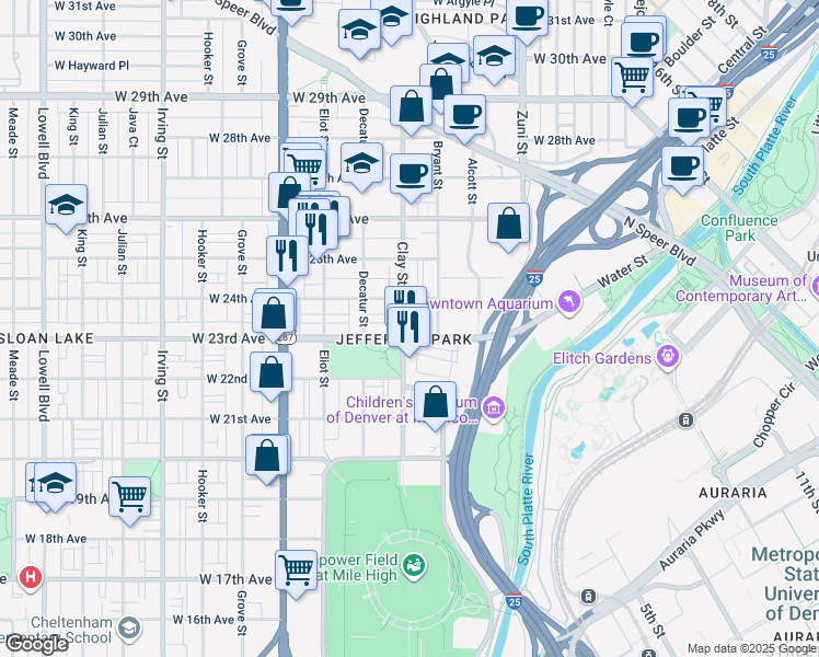 map of restaurants, bars, coffee shops, grocery stores, and more near in Denver