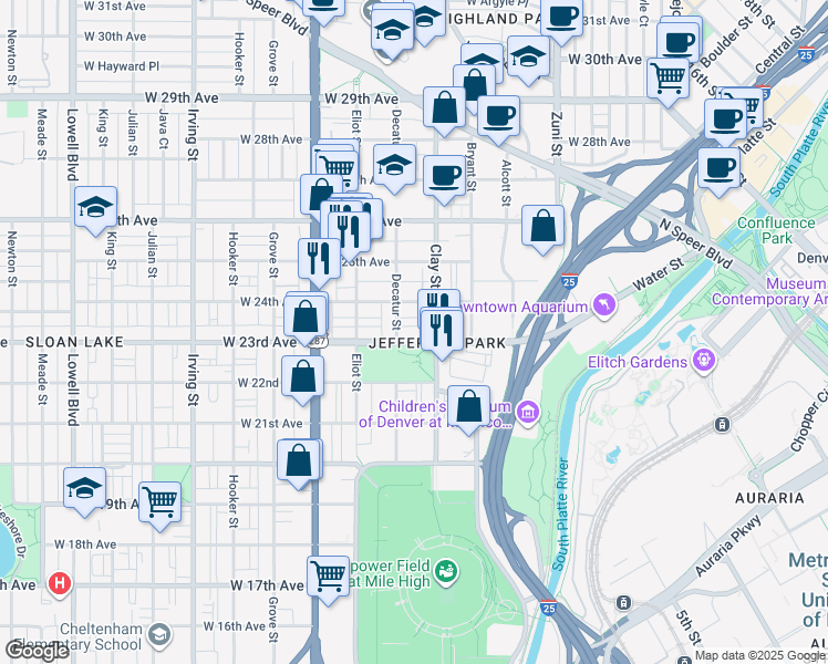 map of restaurants, bars, coffee shops, grocery stores, and more near 2301 Clay Street in Denver