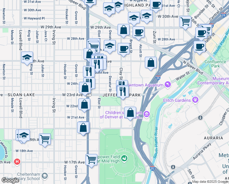 map of restaurants, bars, coffee shops, grocery stores, and more near in Denver