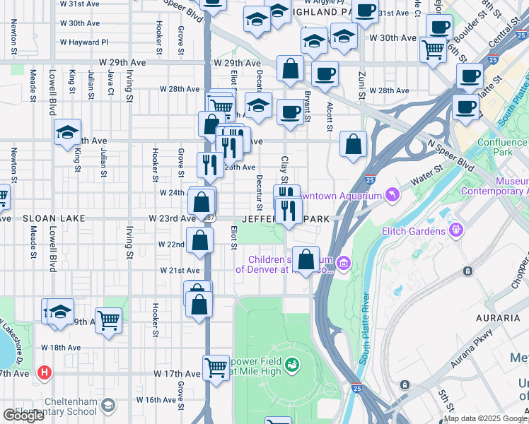 map of restaurants, bars, coffee shops, grocery stores, and more near 2811 West 23rd Avenue in Denver