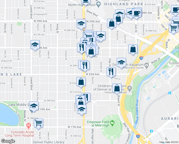 map of restaurants, bars, coffee shops, grocery stores, and more near 2939 West 23rd Avenue in Denver