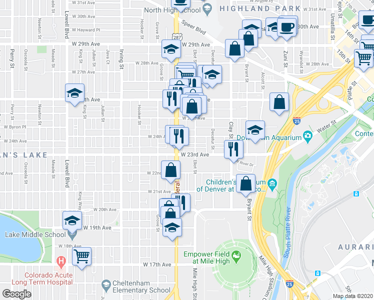 map of restaurants, bars, coffee shops, grocery stores, and more near 2939 West 23rd Avenue in Denver