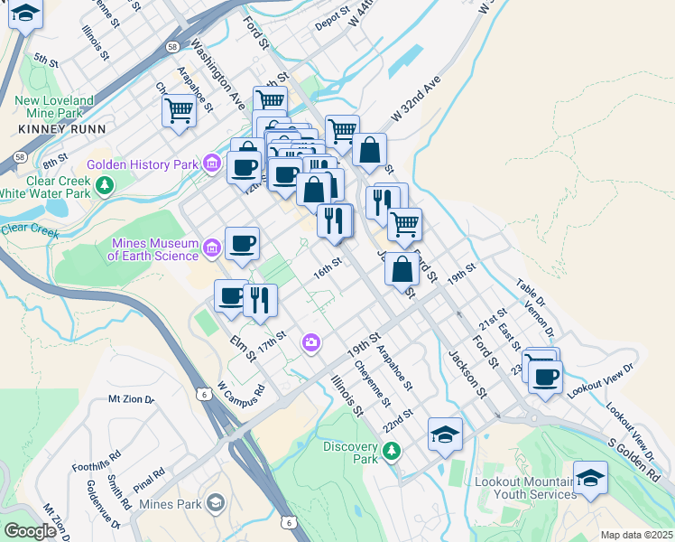 map of restaurants, bars, coffee shops, grocery stores, and more near 821 16th Street in Golden