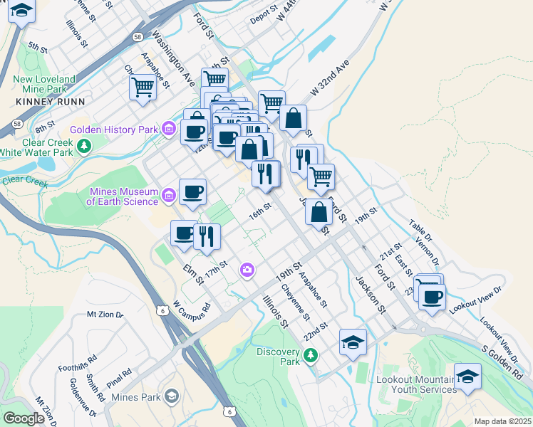 map of restaurants, bars, coffee shops, grocery stores, and more near 821 16th Street in Golden