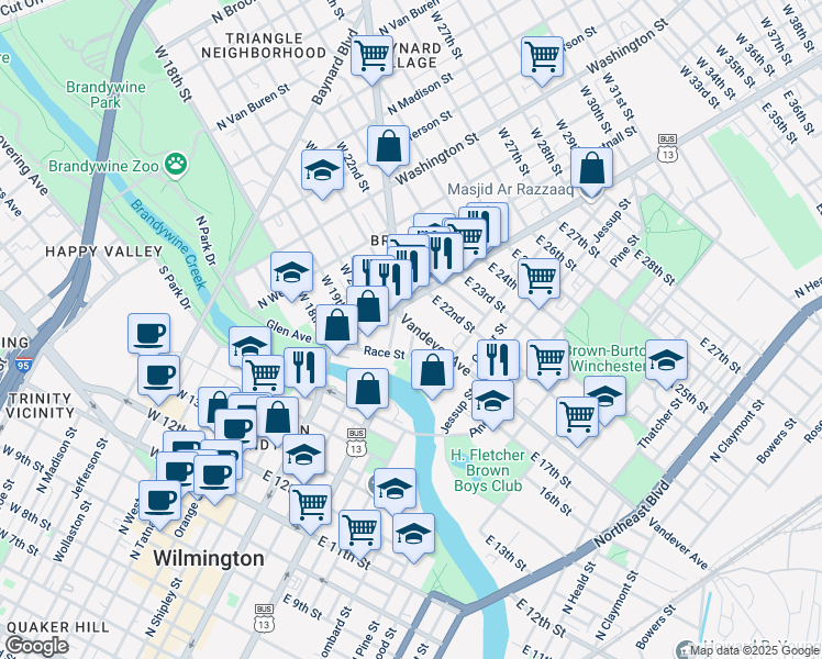 map of restaurants, bars, coffee shops, grocery stores, and more near in Wilmington