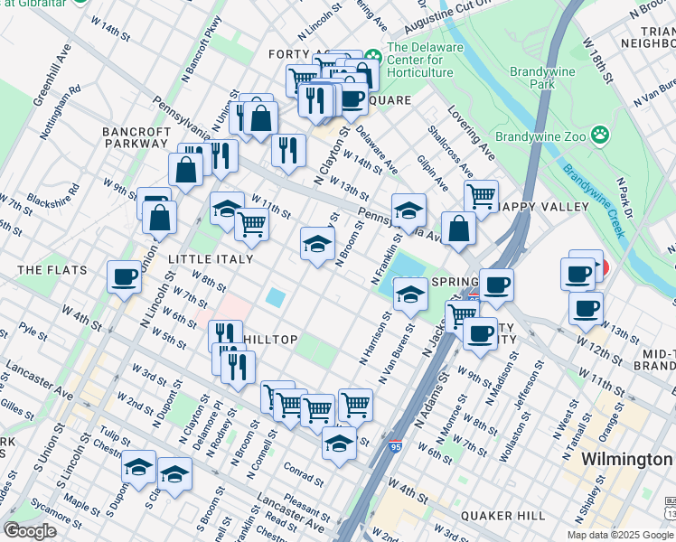 map of restaurants, bars, coffee shops, grocery stores, and more near in Wilmington