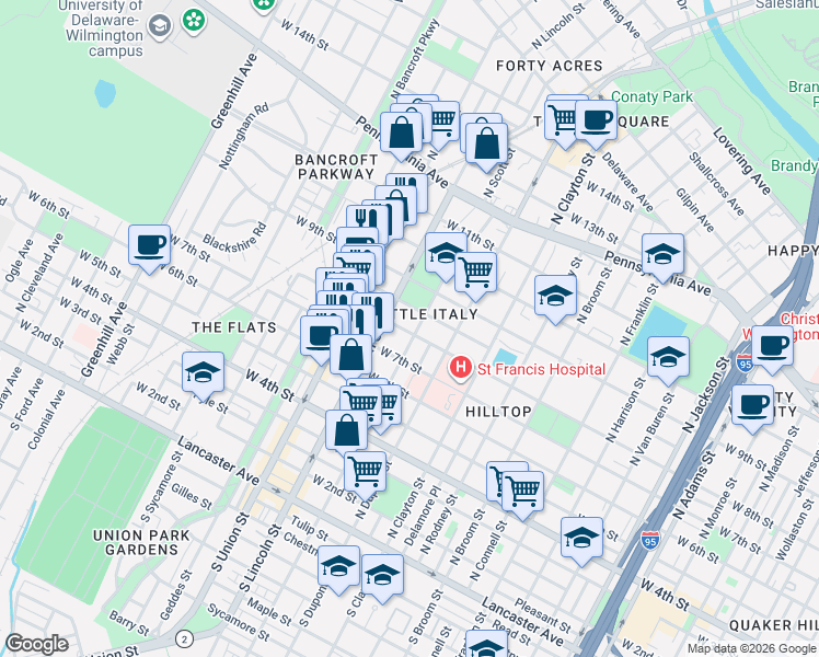map of restaurants, bars, coffee shops, grocery stores, and more near in Wilmington