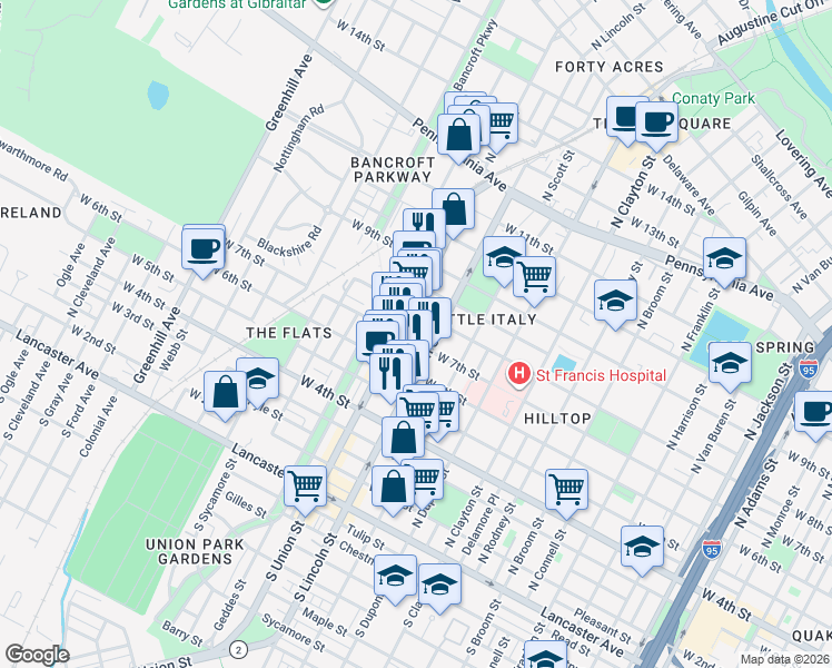 map of restaurants, bars, coffee shops, grocery stores, and more near 701 Delaware 2 in Wilmington