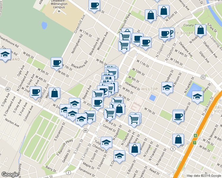map of restaurants, bars, coffee shops, grocery stores, and more near 701 Delaware 2 in Wilmington