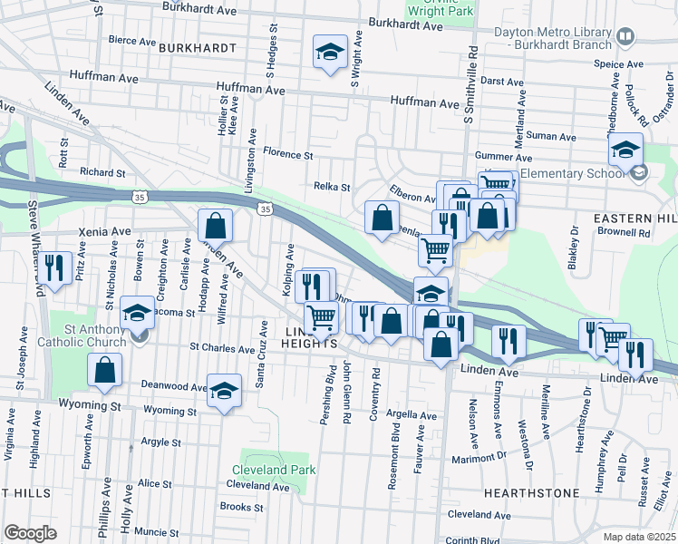 map of restaurants, bars, coffee shops, grocery stores, and more near 1400 Jordan Avenue in Dayton
