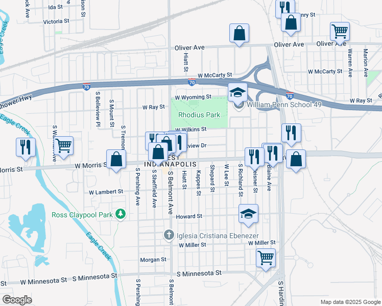 map of restaurants, bars, coffee shops, grocery stores, and more near 1130 Kappes Street in Indianapolis