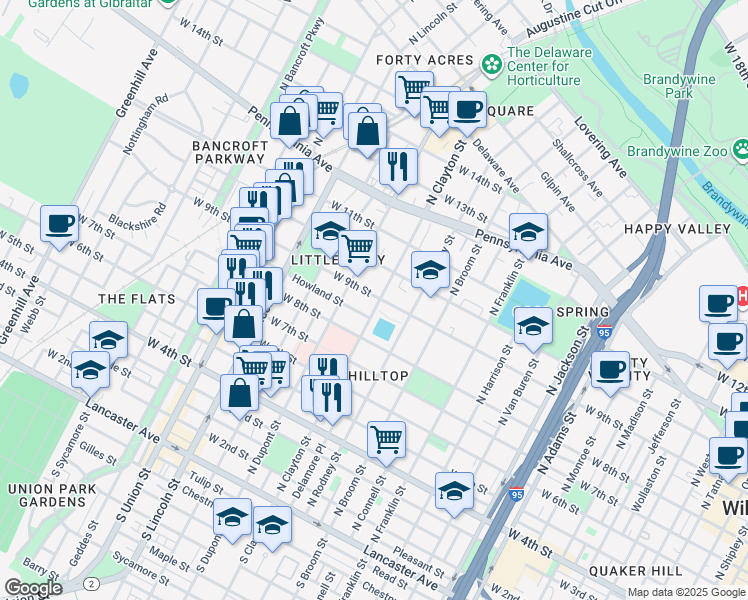 map of restaurants, bars, coffee shops, grocery stores, and more near 845 North Clayton Street in Wilmington