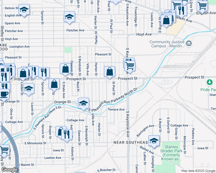 map of restaurants, bars, coffee shops, grocery stores, and more near 1131 Churchman Avenue in Indianapolis