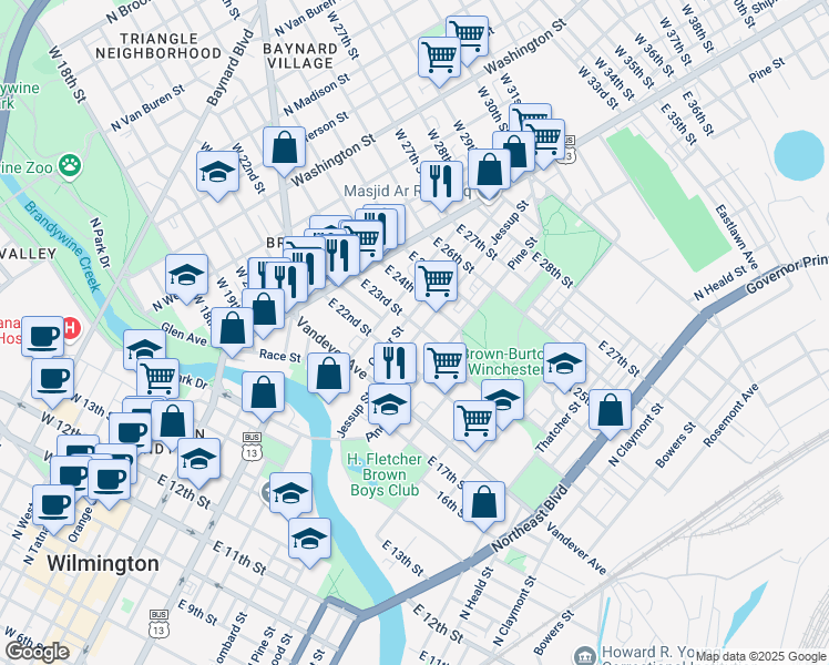 map of restaurants, bars, coffee shops, grocery stores, and more near 210 East 23rd Street in Wilmington