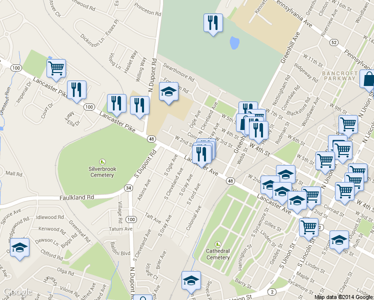map of restaurants, bars, coffee shops, grocery stores, and more near 111 N Cleveland Ave in Wilmington