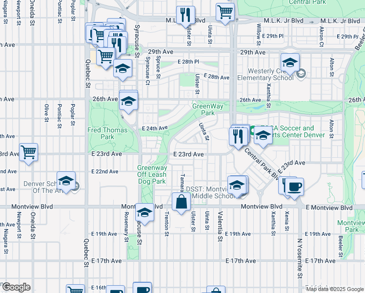 map of restaurants, bars, coffee shops, grocery stores, and more near 8048 East 24th Avenue in Denver