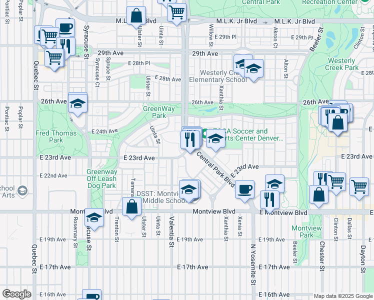map of restaurants, bars, coffee shops, grocery stores, and more near 2389 Verbena Street in Denver