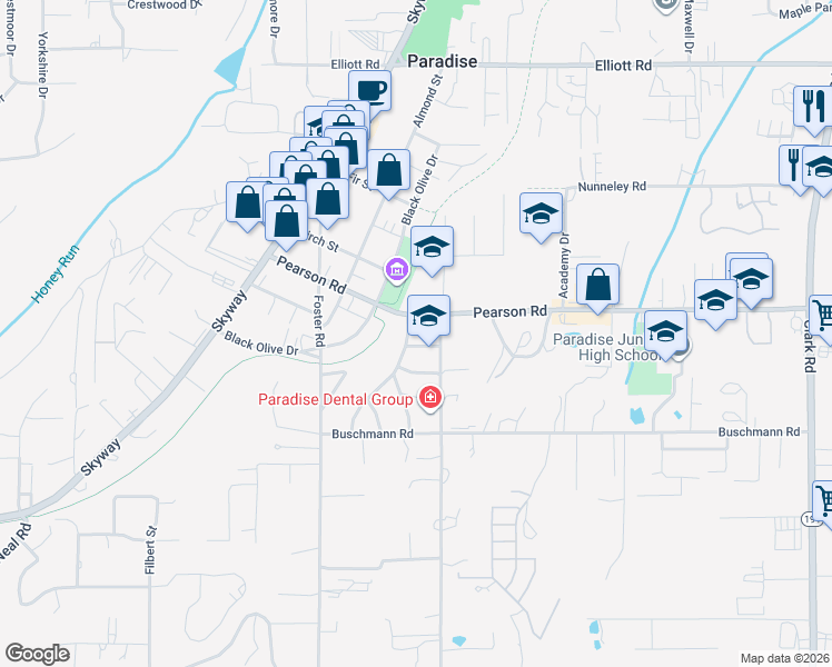 map of restaurants, bars, coffee shops, grocery stores, and more near 5650 Sierra Park Drive in Paradise