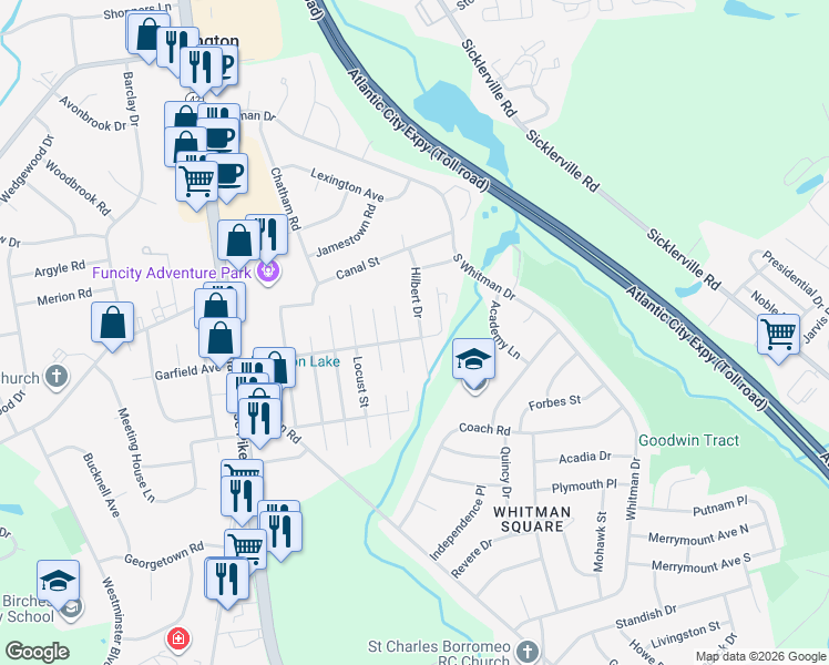 map of restaurants, bars, coffee shops, grocery stores, and more near 300 Hilbert Drive in Washington Township