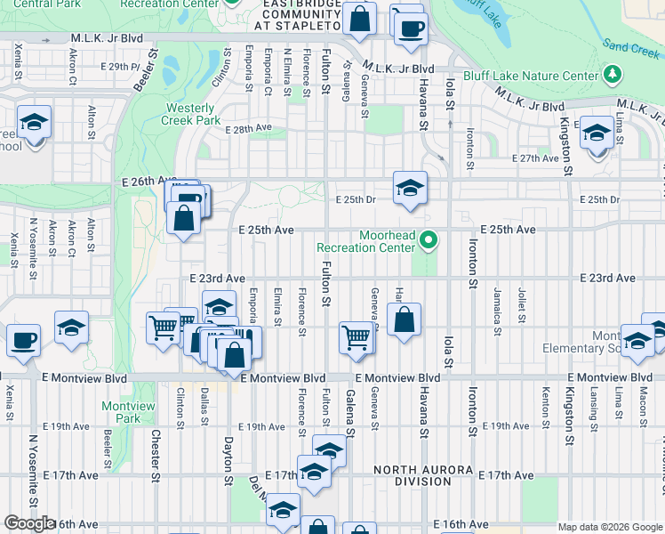 map of restaurants, bars, coffee shops, grocery stores, and more near 2308 Fulton Street in Aurora