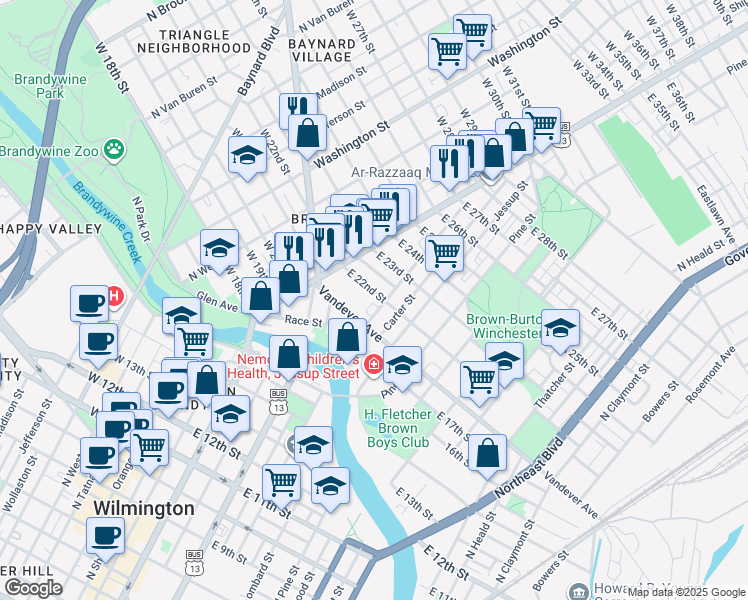 map of restaurants, bars, coffee shops, grocery stores, and more near 64 East 22nd Street in Wilmington