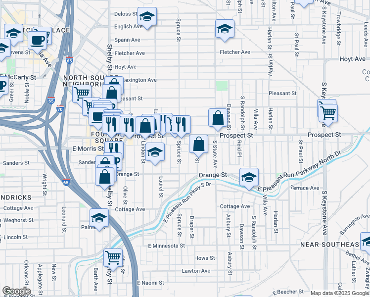 map of restaurants, bars, coffee shops, grocery stores, and more near 1125 Spruce Street in Indianapolis