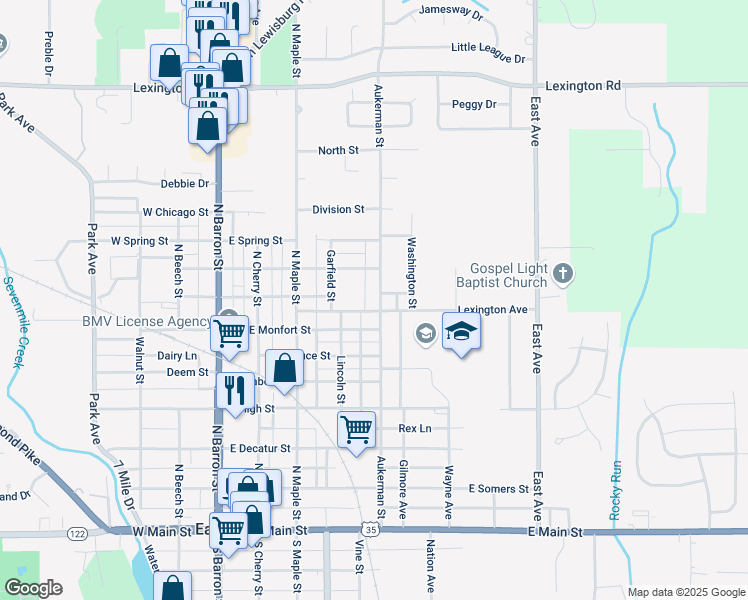 map of restaurants, bars, coffee shops, grocery stores, and more near 801 Aukerman Street in Eaton