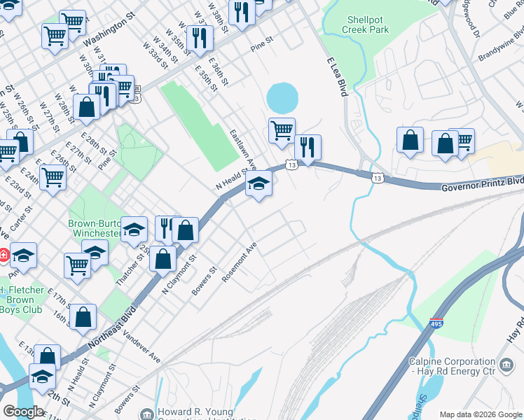 map of restaurants, bars, coffee shops, grocery stores, and more near 3000 North Claymont Street in Wilmington