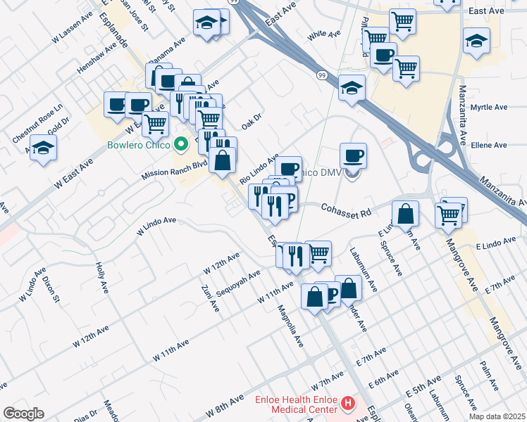 map of restaurants, bars, coffee shops, grocery stores, and more near 2236 Esplanade in Chico