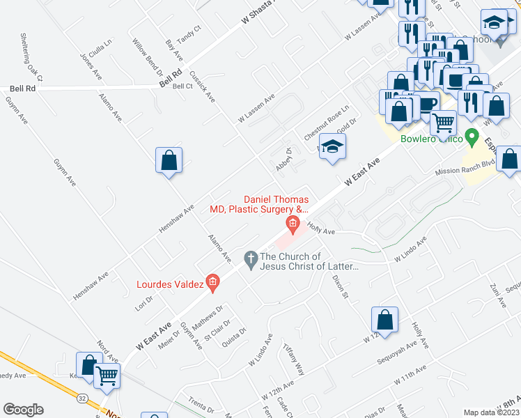 map of restaurants, bars, coffee shops, grocery stores, and more near 670 Royce Lane in Chico
