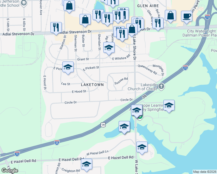 map of restaurants, bars, coffee shops, grocery stores, and more near 3618 Sheffield Road in Springfield