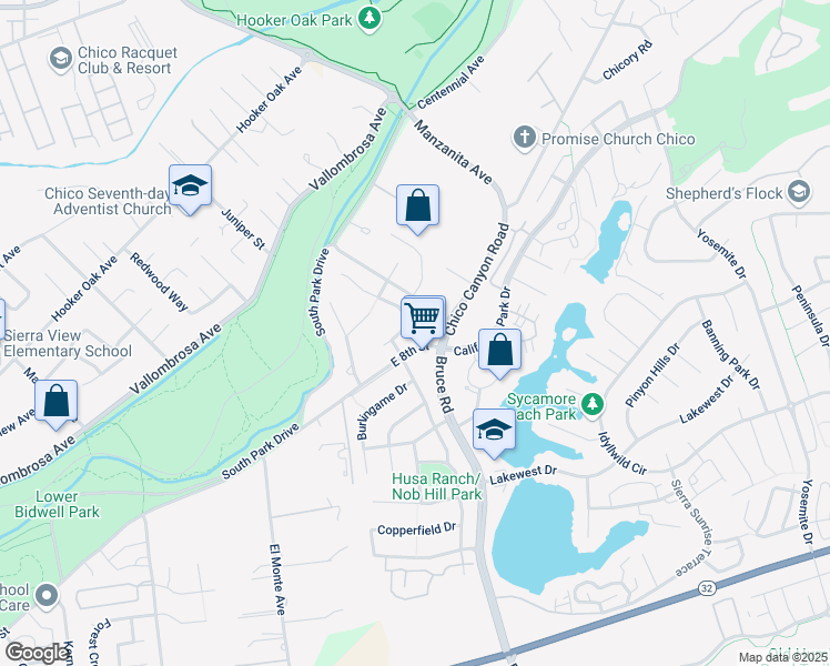map of restaurants, bars, coffee shops, grocery stores, and more near 29 Spicebush Court in Chico