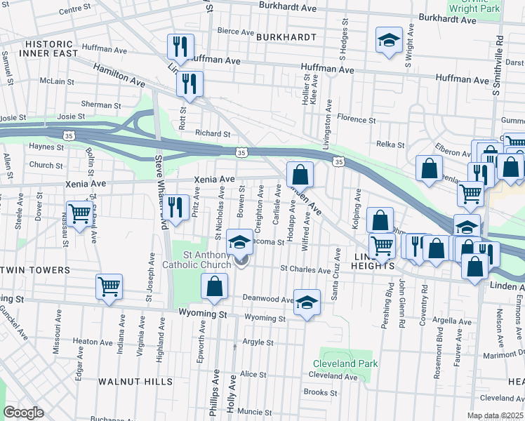 map of restaurants, bars, coffee shops, grocery stores, and more near 614 Creighton Avenue in Dayton