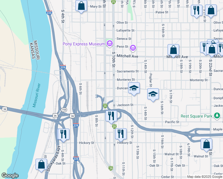 map of restaurants, bars, coffee shops, grocery stores, and more near 1702 South 10th Street in Saint Joseph