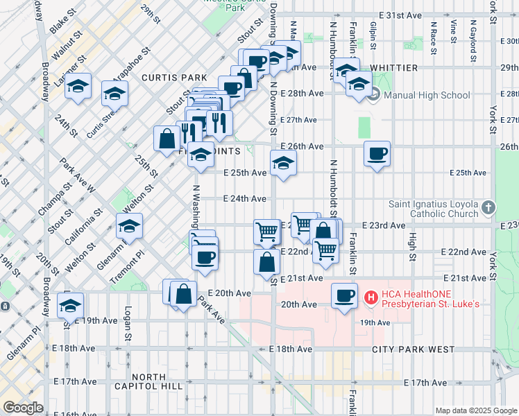 map of restaurants, bars, coffee shops, grocery stores, and more near 2342 North Ogden Street in Denver