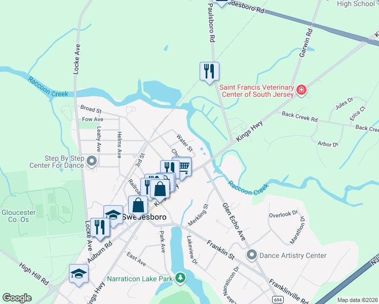 map of restaurants, bars, coffee shops, grocery stores, and more near 106 Water Street in Swedesboro