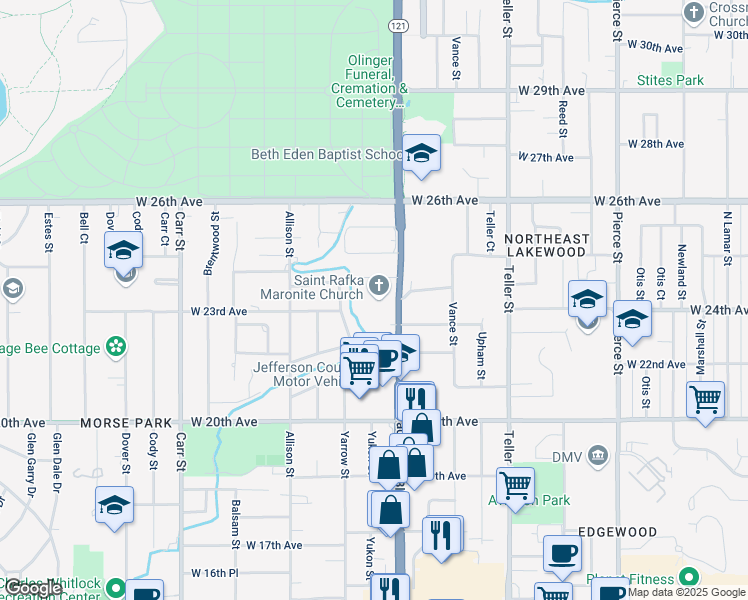map of restaurants, bars, coffee shops, grocery stores, and more near 2301 Wadsworth Boulevard in Lakewood