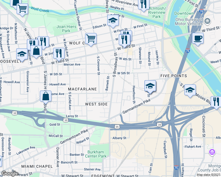 map of restaurants, bars, coffee shops, grocery stores, and more near 361 S Broadway St in Dayton